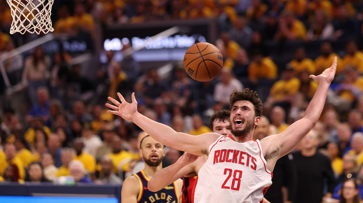 Houston Rockets center Alperen Sengun (28) reacts as he is fouled on a shot by the Golden State Warriors during the fourth quarter of game four of the 2025 NBA Playoffs first round at Chase Center.