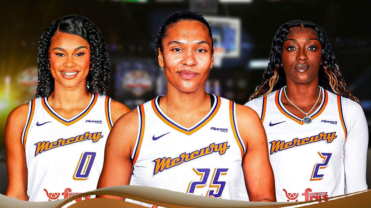 Mercury forwards Alyssa Thomas, Satou Sabally, and Kahleah Copper in the photo. Thomas is dribbling the ball, Sabally is rebounding, and Copper is shooting a ball.
