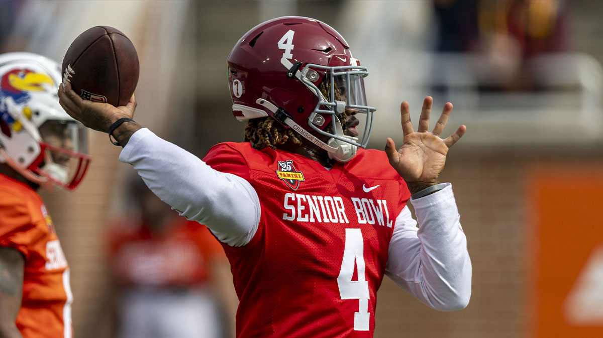 American team quarterback Jalen Milroe of Alabama (4) throws the ball during Senior Bowl practice for the American team at Hancock Whitney Stadium.