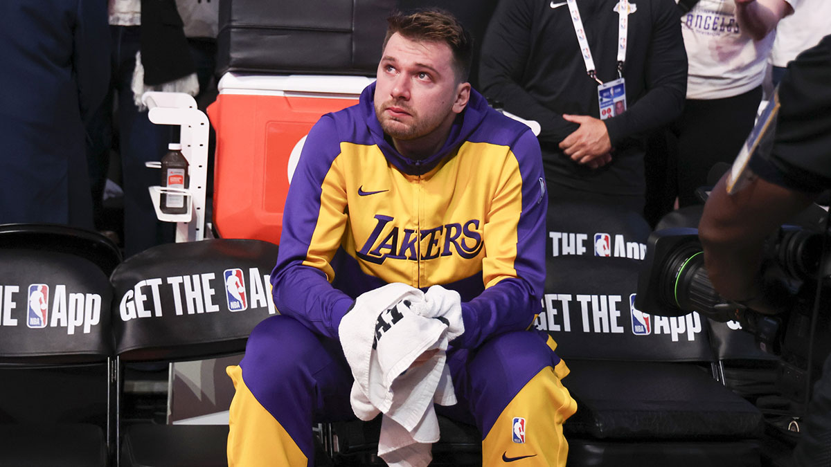 Los Angeles Lakers guard Luka Doncic (77) reacts while watching a tribute video before the game against the Dallas Mavericks at American Airlines Center.