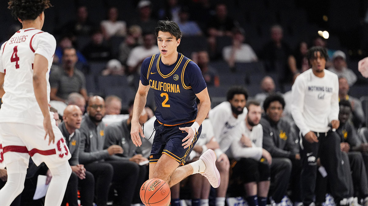 California Golden Bears guard Andrej Stojakovic (2) brings the ball up court against the Stanford Cardinal during the first half at Spectrum Center.