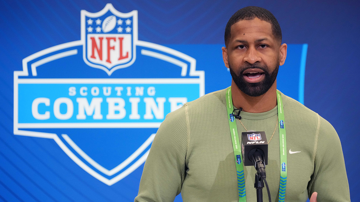 Cleveland Browns general manager Andrew Berry speaks during the NFL Scouting Combine at the Indiana Convention Center