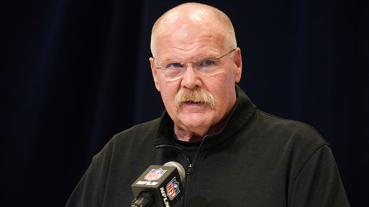 Feb 25, 2025; Indianapolis, IN, USA; Kansas City Chiefs oach Andy Reid speaks during the NFL Scouting Combine at the Indiana Convention Center. Mandatory Credit: Kirby Lee-Imagn Images