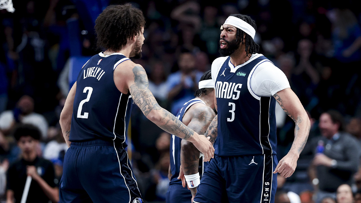 Dallas Mavericks forward Anthony Davis (3) celebrates with Dallas Mavericks center Dereck Lively II (2) after scoring during the fourth quarter against the Atlanta Hawks at American Airlines Center.
