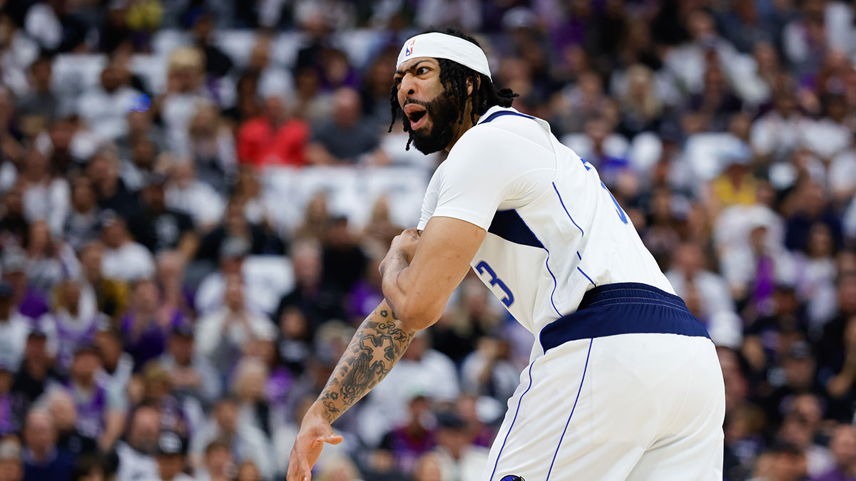 Dallas Mavericks forward Anthony Davis (3) reacts after a play during the first quarter against the Sacramento Kings at Golden 1 Center.