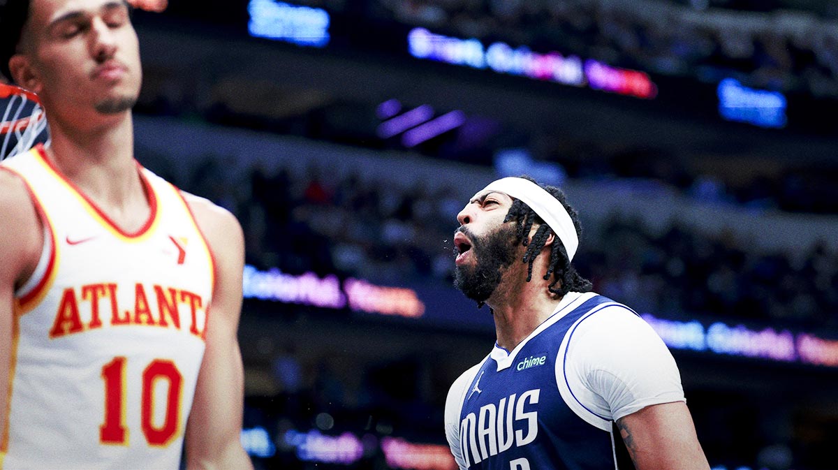 Dallas Mavericks forward Anthony Davis (3) reacts in front of Atlanta Hawks forward Zaccharie Risacher (10) during the third quarter at American Airlines Center.