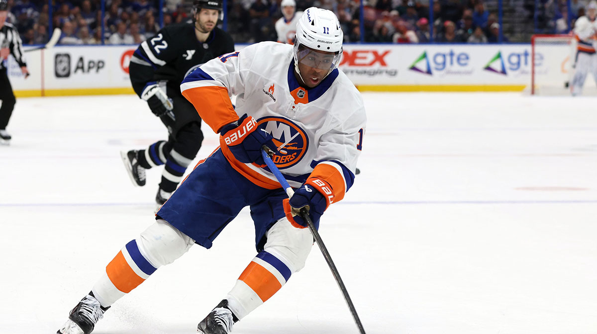 New York Islanders left wing Anthony Duclair (11) skates with the puck against the Tampa Bay Lightning during the first period at Amalie Arena.