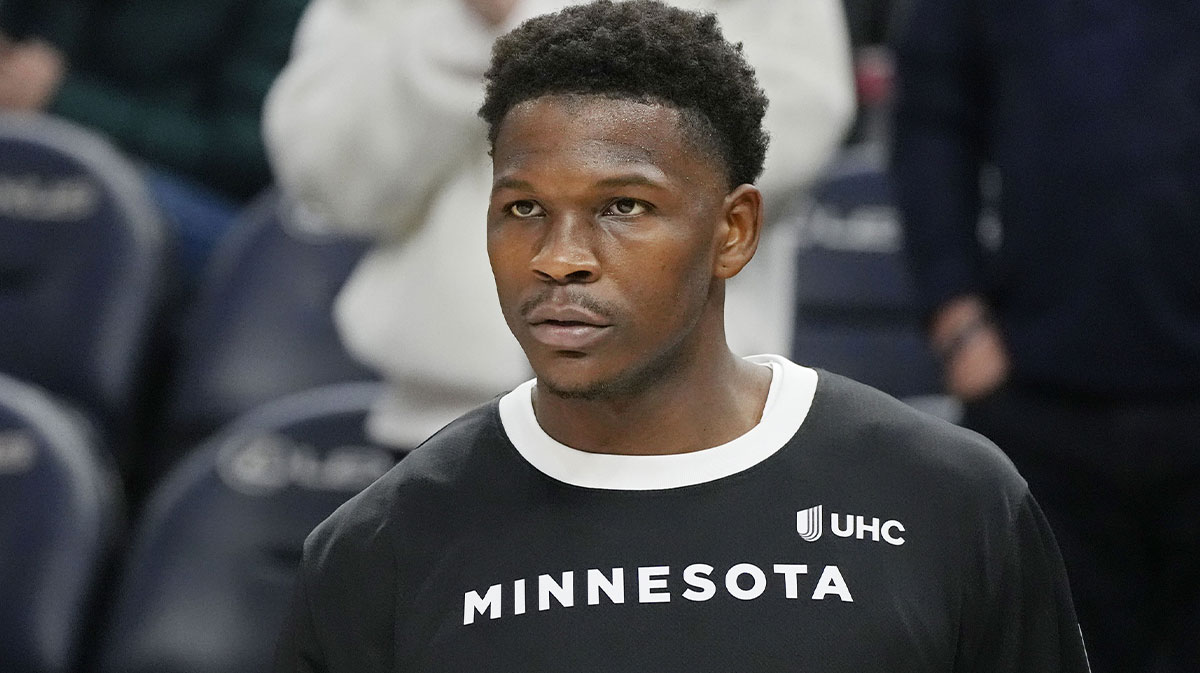 Minnesota Timberwolves guard Anthony Edwards (5) prepares to play the Brooklyn Nets before the game at Target Center.