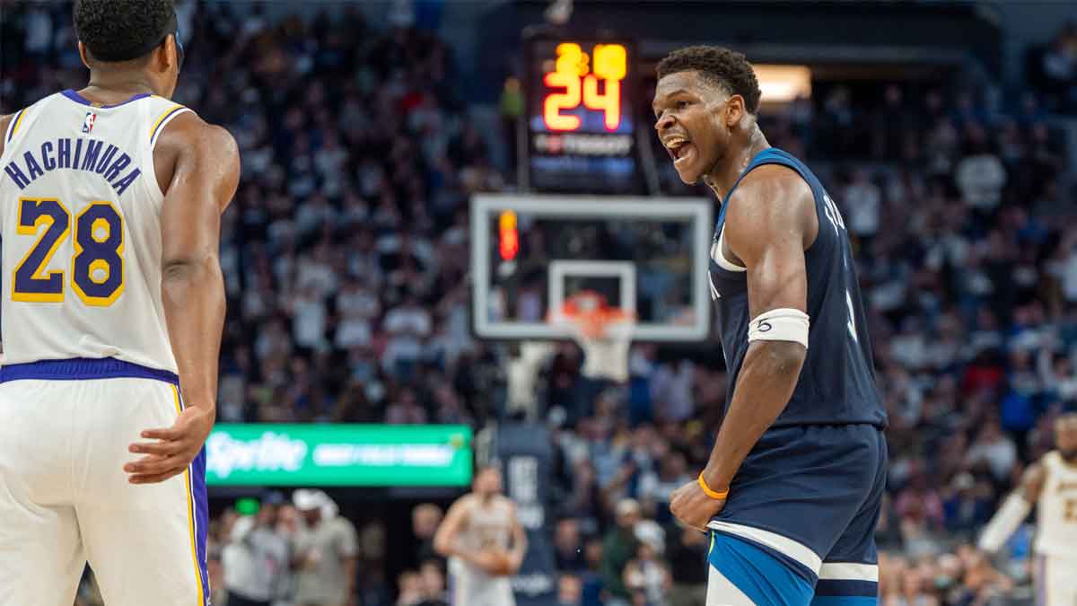 Minnesota Timberwolves guard Anthony Edwards (5) celebrates while looking to the Los Angeles Lakers bench in the second quarter during game four of first round for the 2025 NBA Playoffs at Target Center.