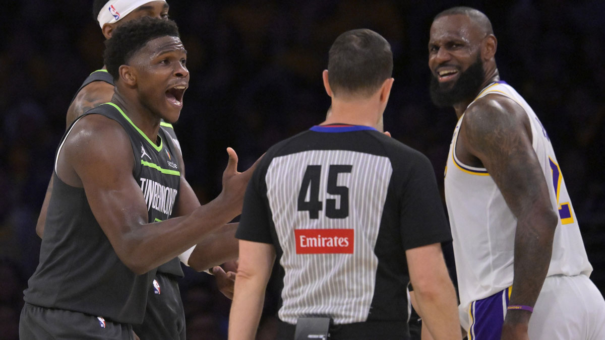 Minnesota Timberwolves guard Anthony Edwards (5) reacts toward referee Brian Forte (45) after called for a foul on Los Angeles Lakers forward LeBron James (23) in the second half at Crypto.com Arena.
