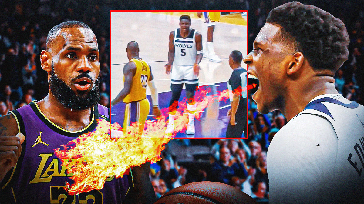 Timberwolves' Anthony Edwards breathing fire at LeBron James, screenshot of ref incident