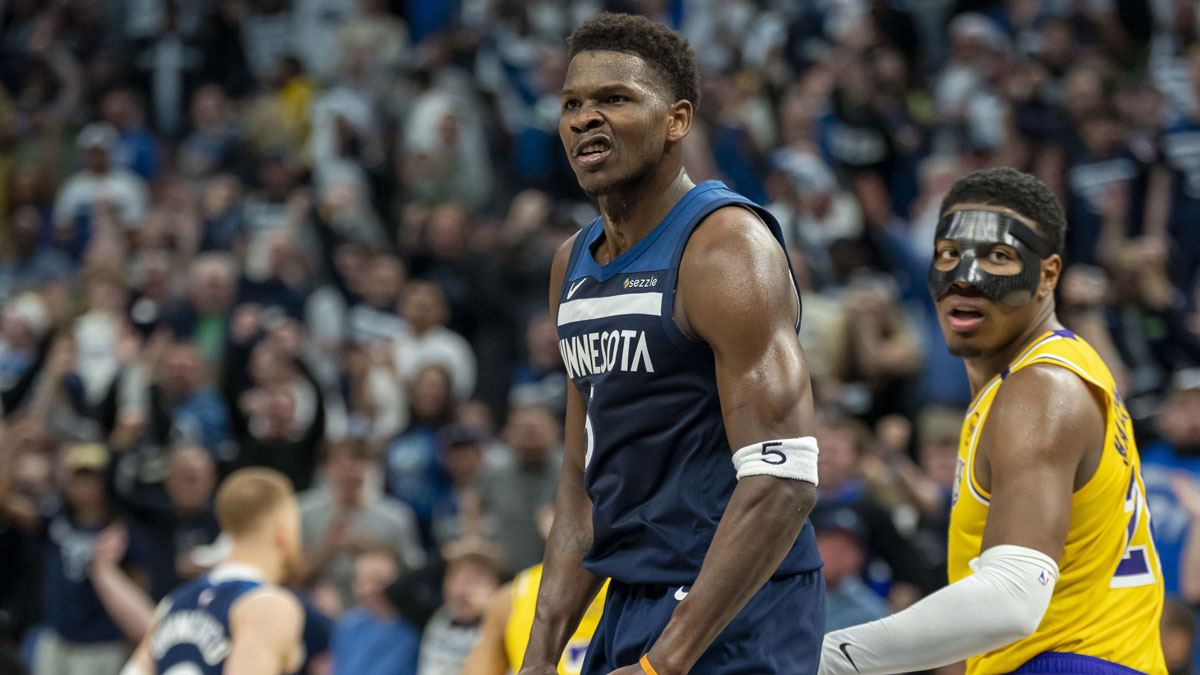Minnesota Timberwolves guard Anthony Edwards (5) reacts after making a shoot against the Los Angeles Lakers in the second half during game three of first round for the 2024 NBA Playoffs at Target Center.