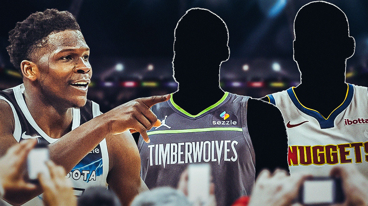Anthony Edwards next to a mystery player in a Nuggets jersey and a mystery player in a Timberwolves jersey.