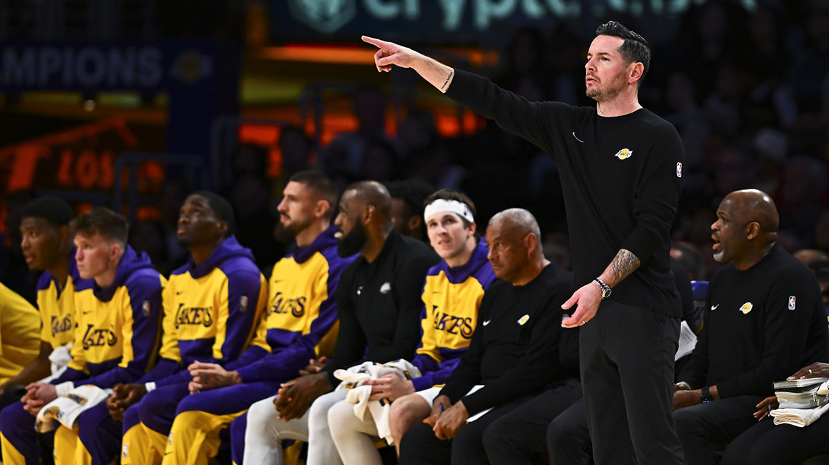 Los Angeles Lakers head coach JJ Redick reacts against the Houston Rockets during the second half at Crypto.com Arena.