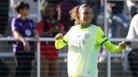 Apr 12, 2025; Louisville, Kentucky, USA; Washington Spirit forward Trinity Rodman (2) warms up on the sidelines during the first half against Racing Louisville FC at Lynn Family Stadium. Mandatory Credit: EM Dash-Imagn Images