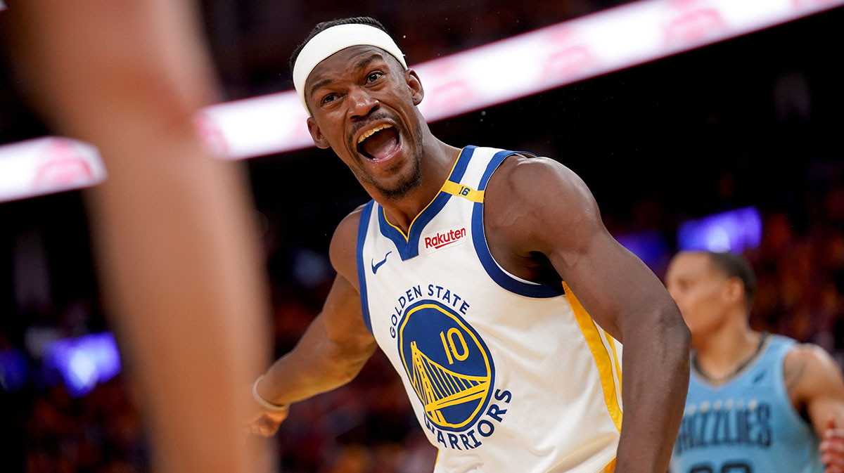 Golden State Warriors forward Jimmy Butler III (10) looks for a foul call after a play against the Memphis Grizzlies in the third quarter at the Chase Center.