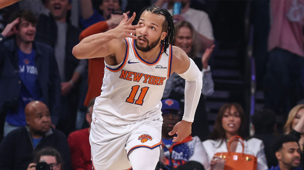 New York Knicks guard Jalen Brunson (11) gestures after making a three-point shot in Game One of the First Round of the NBA Playoffs against the Detroit Pistons at Madison Square Garden.