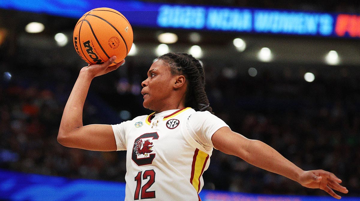 Apr 4, 2025; Tampa, FL, USA; South Carolina Gamecocks guard MiLaysia Fulwiley (12) drives to the basket against the Texas Longhorns during the third quarter in a semifinal of the women's 2025 NCAA tournament at Amalie Arena. Mandatory Credit: Nathan Ray Seebeck-Imagn Images