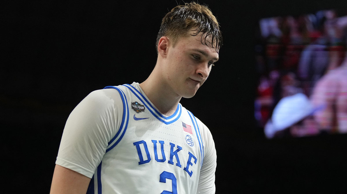 Duke Blue Devils forward Cooper Flagg (2) walks off the court after losing to the Houston Cougars in the semifinals of the men's Final Four of the 2025 NCAA Tournament at the Alamodome.