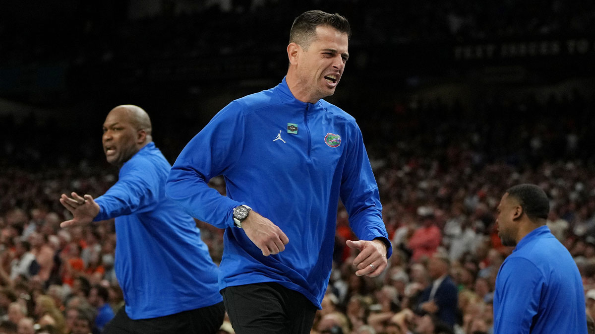 Florida Gators head coach Todd Golden reacts after a play against the Auburn Tigers during the second half in the semifinals of the men's Final Four of the 2025 NCAA Tournament at the Alamodome.