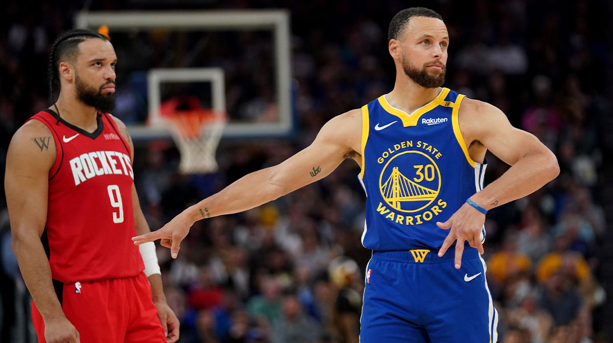 Golden State Warriors guard Stephen Curry (30) reacts in front of Houston Rockets guard Dillon Brooks (9) after the Rockets attempted a free throw in the third quarter at the Chase Center.