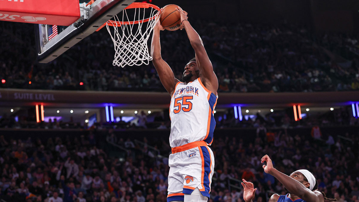 New York Knicks center Ariel Hukporti (55) dunks during the second half against the Detroit Pistons at Madison Square Garden.