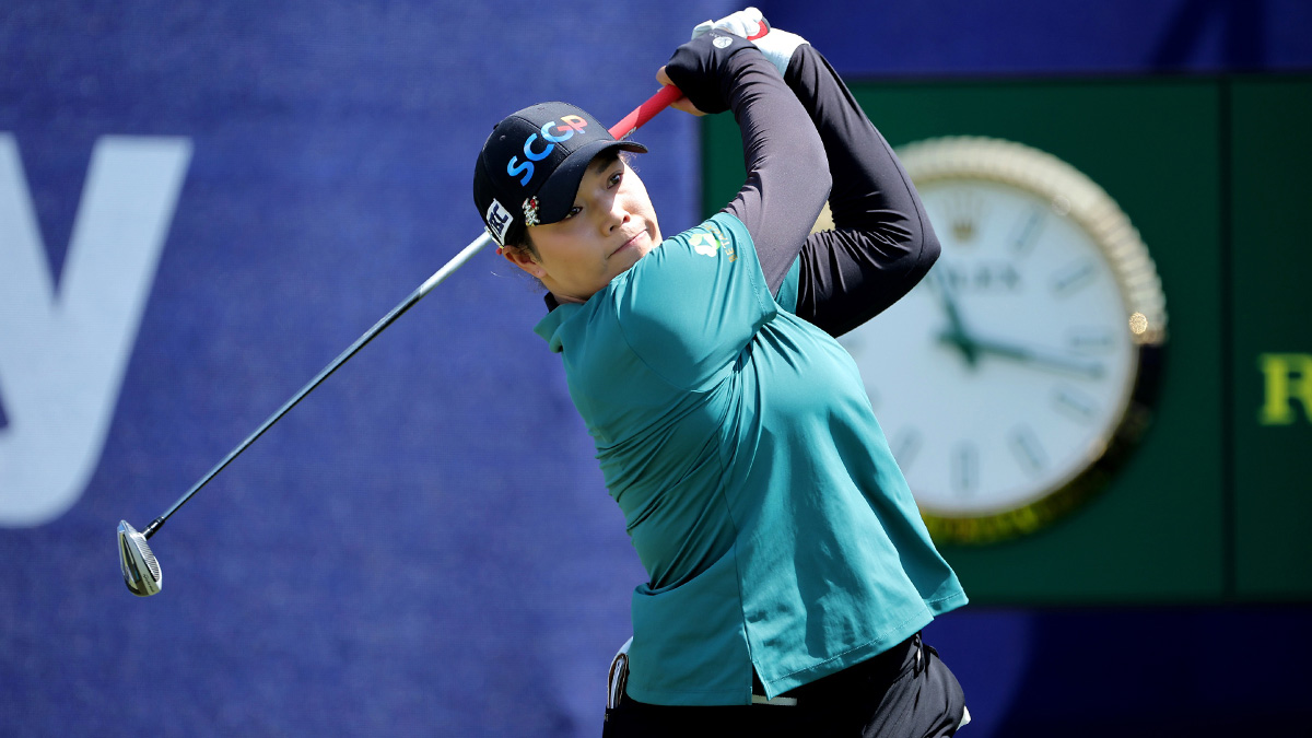 Ariya Jutanugarn of Thailand hits a tee shot on the first hole during the final round of The Chevron Championship golf tournament.