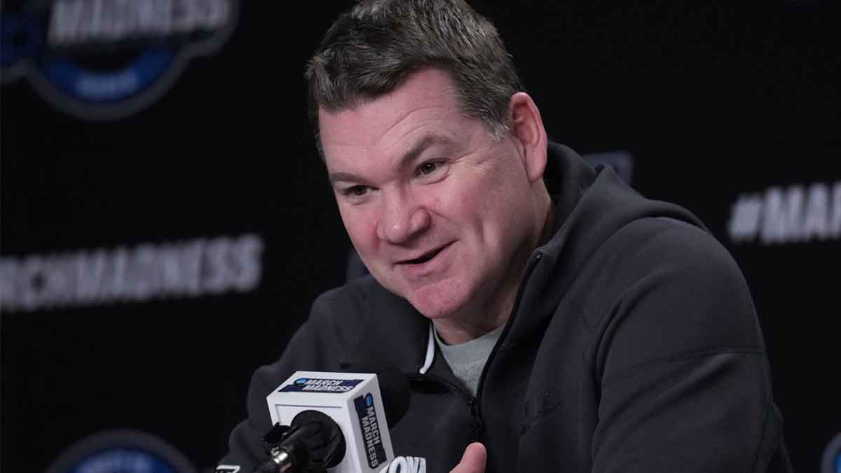 Arizona Wildcats head coach Tommy Lloyd talks to the media at the Prudential Center.