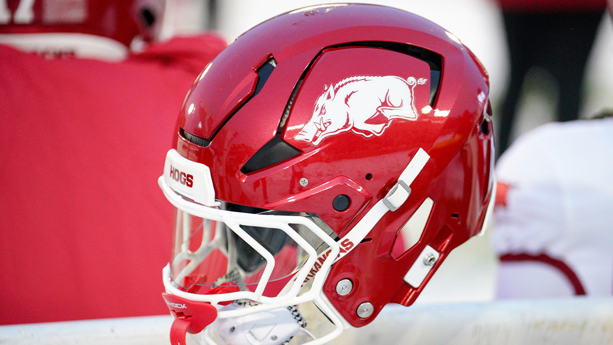 A general view of a Arkansas Razorbacks helmet against the Missouri Tigers during the second half at Faurot Field at Memorial Stadium.