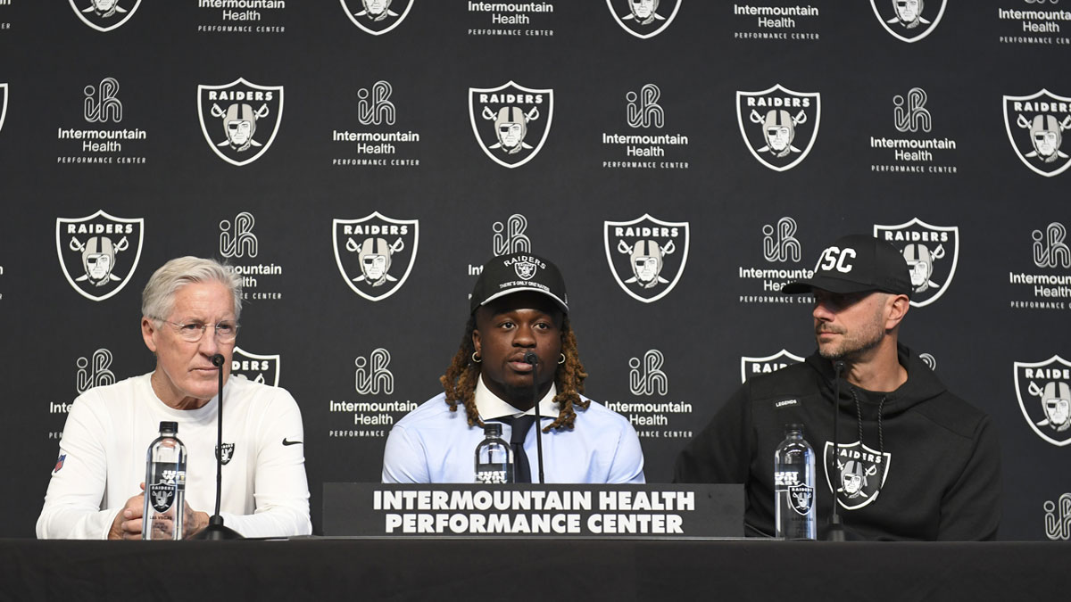 Raiders head coach Pete Carroll, Ashton Jeanty and general manager John Spytek during a news conference introducing Jeanty as the first round draft pick in the 2025 NFL Draft at Intermountain Health Performance Center.