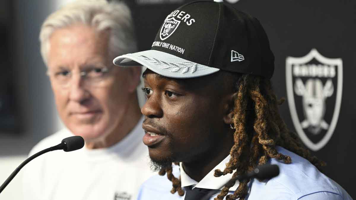 Las Vegas Raiders first round draft pick in the 2025 NFL Draft Ashton Jeanty, speaks to the media at Intermountain Health Performance Center.