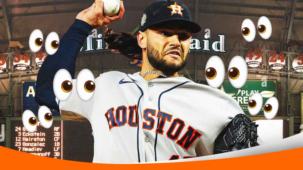 Astros Lance McCullers Jr. pitching a baseball. Eyes emoji all over image looking at McCullers.