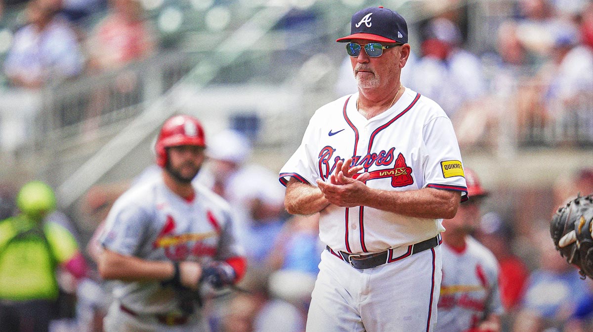 Atlanta Braves manager Brian Snitker (43) on the field during the game against the St. Louis Cardinals during the eighth inning at Truist Park.
