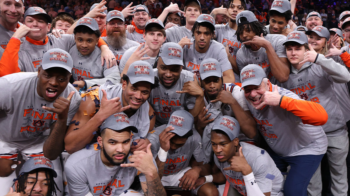 Mar 30, 2025; Atlanta, GA, USA; Auburn Tigers celebrate after winning the South Regional final of the 2025 NCAA tournament against the Michigan State Spartans at State Farm Arena. Mandatory Credit: Brett Davis-Imagn Images