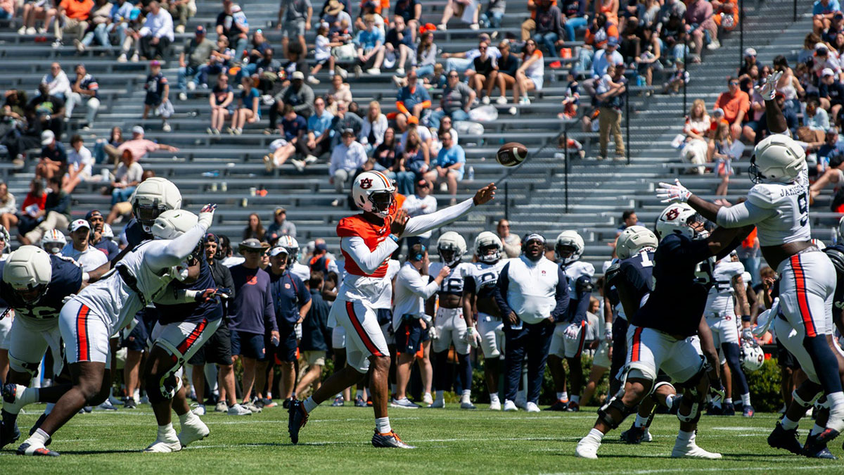 Auburn Tigers quarterback Deuce Knight (9) throws the ball during Auburn Tigers A-Day football practice at Jordan-Hare Stadium in Auburn, Ala., on Saturday, April 12, 2025.