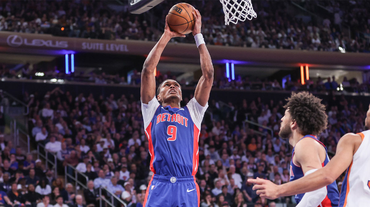 Detroit Pistons forward Ausar Thompson (9) dunks in the fourth quarter against the New York Knicks during game five of first round for the 2025 NBA Playoffs at Madison Square Garden.