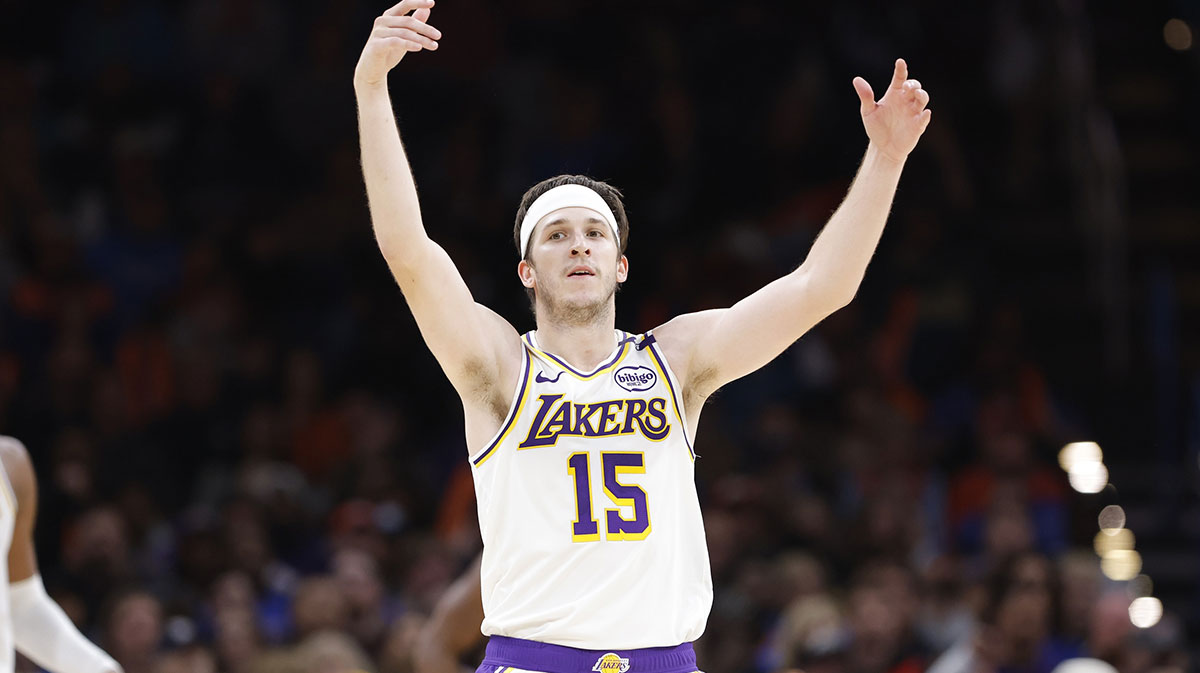 Los Angeles Lakers guard Austin Reaves (15) gestures after scoring against the Oklahoma City Thunder during the second half at Paycom Center.