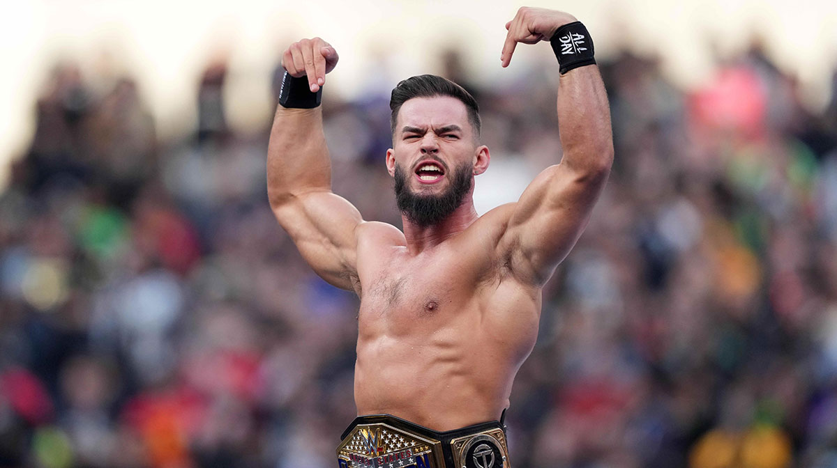 WWE star Austin Theory, who had a small role in Spider-Man: Homecoming, at WrestleMania 39.