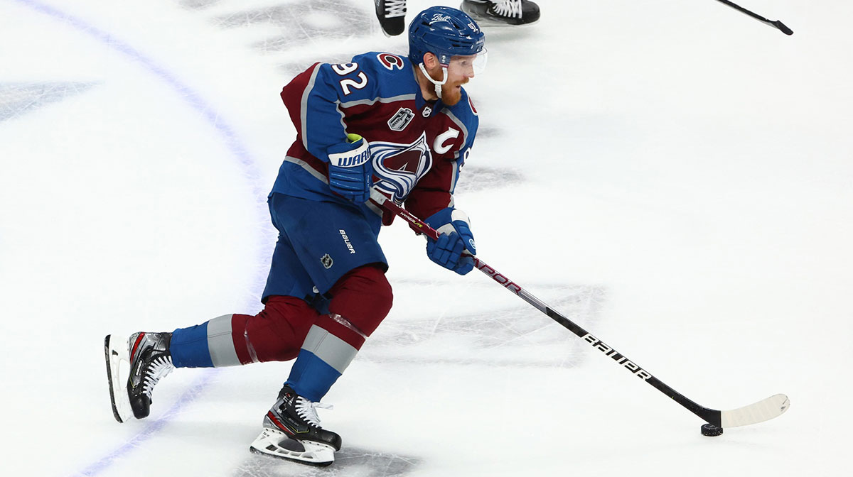 Colorado Avalanche left wing Gabriel Landeskog (92) against the Tampa Bay Lightning in game five of the 2022 Stanley Cup Final at Ball Arena.