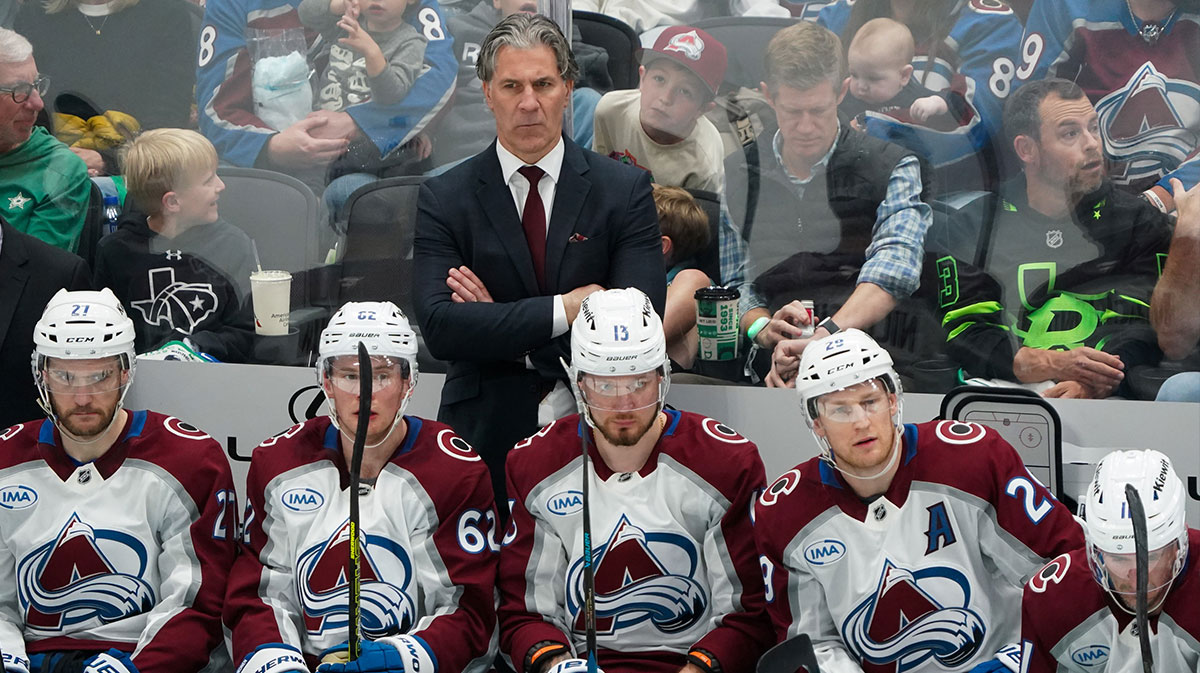 Colorado Avalanche head coach Jared Bednar looks on from the bench during the second period in game one of the first round of the 2025 Stanley Cup Playoffs against the Dallas Stars at American Airlines Center.