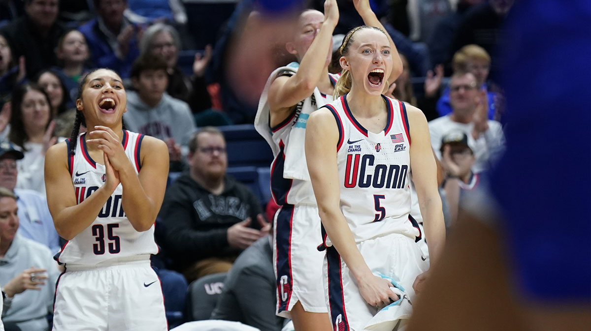 UConn Huskies guard Paige Bueckers (5) and guard Azzi Fudd (35) react after a basket against the Seton Hall Pirates in the second half at Harry A. Gampel Pavilion.