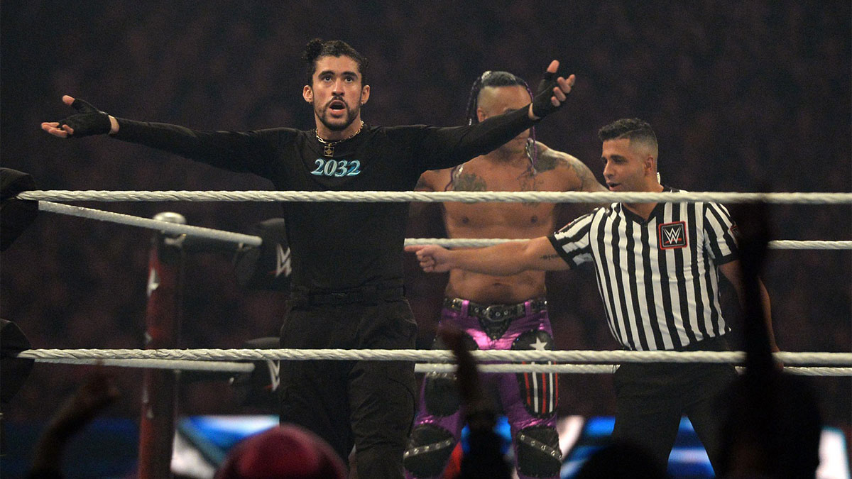 Bad Bunny, who Randy Orton wants to team with, during his match at WWE WrestleMania 37.
