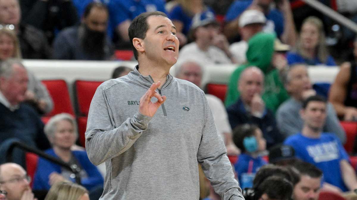 Baylor Bears head coach Scott Drew reacts during the second half against the Mississippi State Bulldogs in the first round of the NCAA Tournament at Lenovo Center.