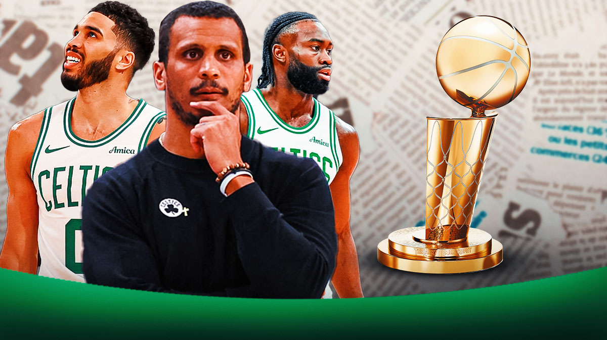 A newspaper as the background, Jayson Tatum, Jaylen Brown, and Joe Mazzulla on one side, the Larry O'Brien trophy on the other side