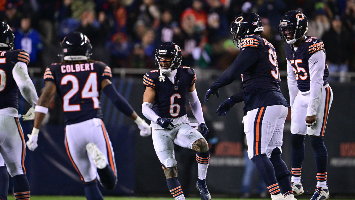 Chicago Bears cornerback Kyler Gordon (6) celebrates a fumble recovery against the Seattle Seahawks during the third quarter at Soldier Field. Mandatory Credit: Daniel Bartel-Imagn Images