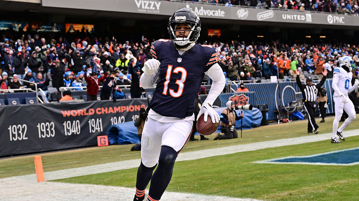 Chicago Bears wide receiver Keenan Allen (13) reacts after a touchdown reception against the Detroit Lions during the second quarter at Soldier Field.