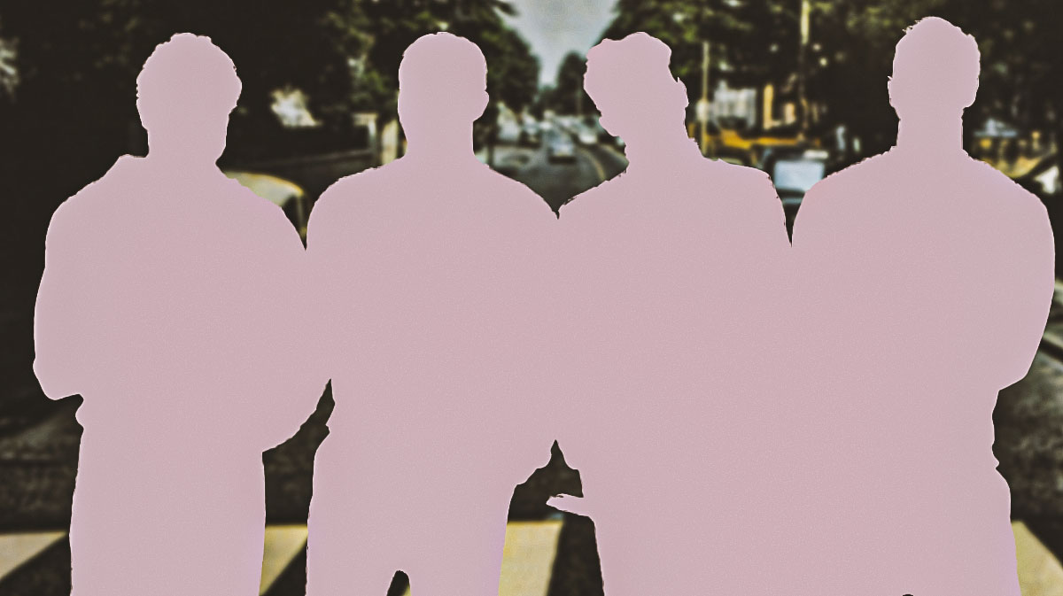 Silhouettes of the upcoming Beatles biopics movies Paul Mescal, Harris Dickinson, Joseph Quinn, and Barry Keoghan with Abbey Road background.