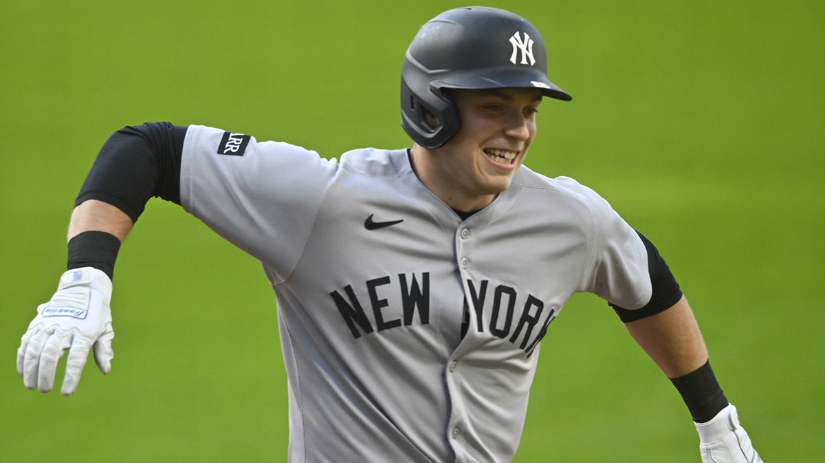 New York Yankees designated hitter Ben Rice (22) celebrates his solo home run in the first inning against the Cleveland Guardians at Progressive Field.