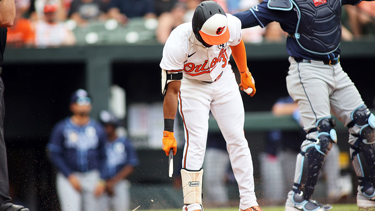 Baltimore Orioles outfielder Cedric Mullins (31) breaks his bat after a strikeout during the seventh inning against the Tampa Bay Rays at Oriole Park at Camden Yards.