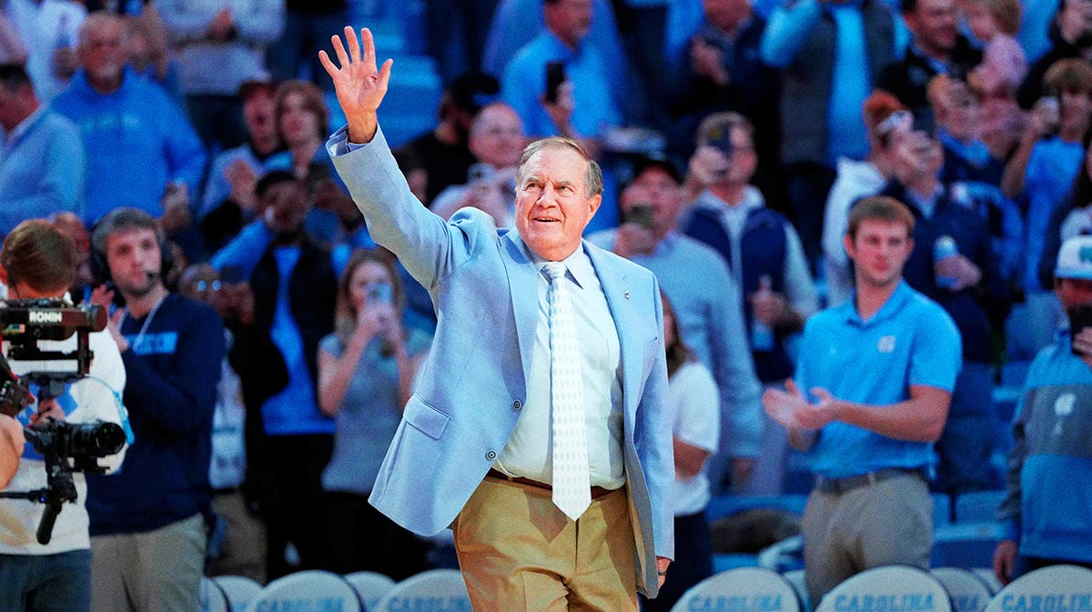 North Carolina Tar Heels head football coach Bill Belichick is introduced during half time at Dean E. Smith Center.